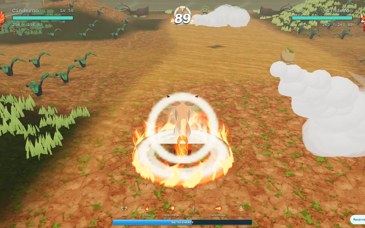 Cinderoo rushing across a Faunara Rekka Arena battle with an energy meter and equipped moves