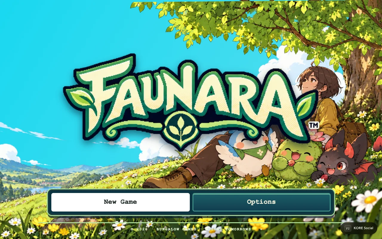 Faunara title screen with its illustrated logo, New Game and Options