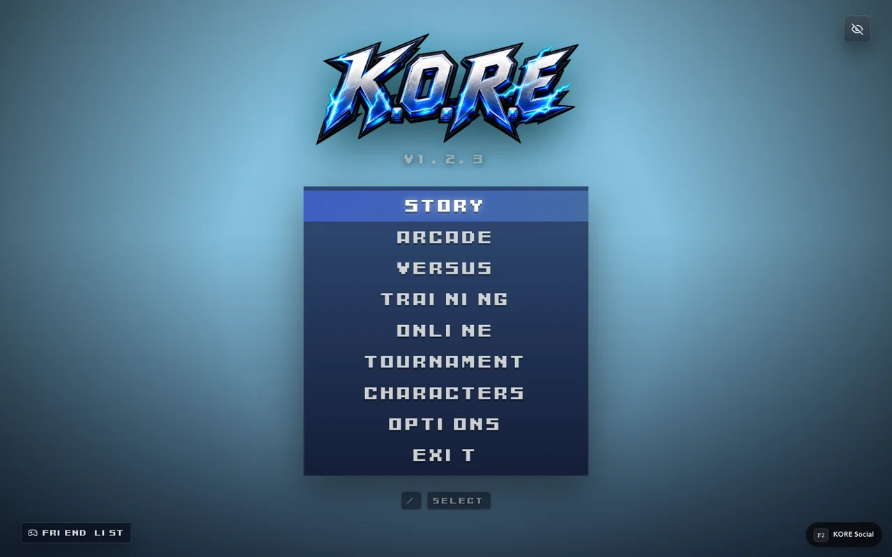 K.O.R.E. game menu showing Story, Arcade, Versus, Training and Online